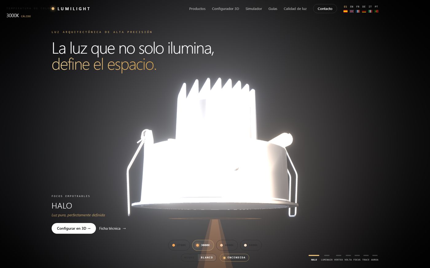 Web de LUMILIGHT con el configurador 3D mostrando la luminaria HALO encendida
